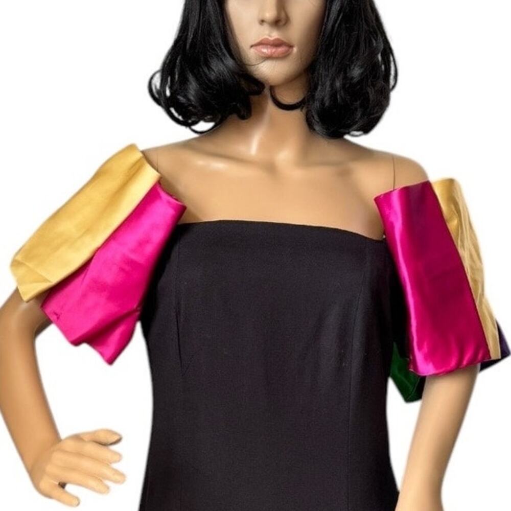 Vintage 80's black with off shoulder multi colors puff satin sleeves size s-m - Picture 13 of 16